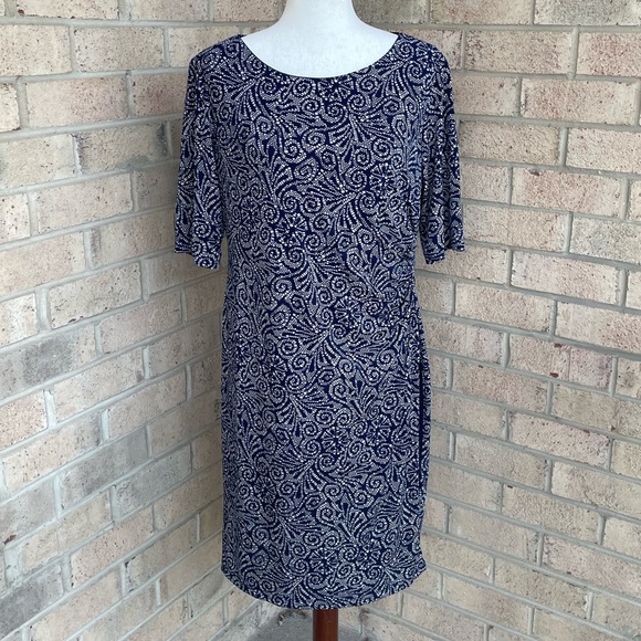 connected apparel Dresses & Skirts - Connected Apparel Faux Wrap Dress Navy and Tan, Women’s Size 14 Petite 14P
